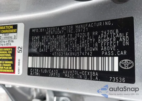 2022 Toyota Camry Se Hybrid из США, поврежденный, VIN 4T1G31AK8NU574742